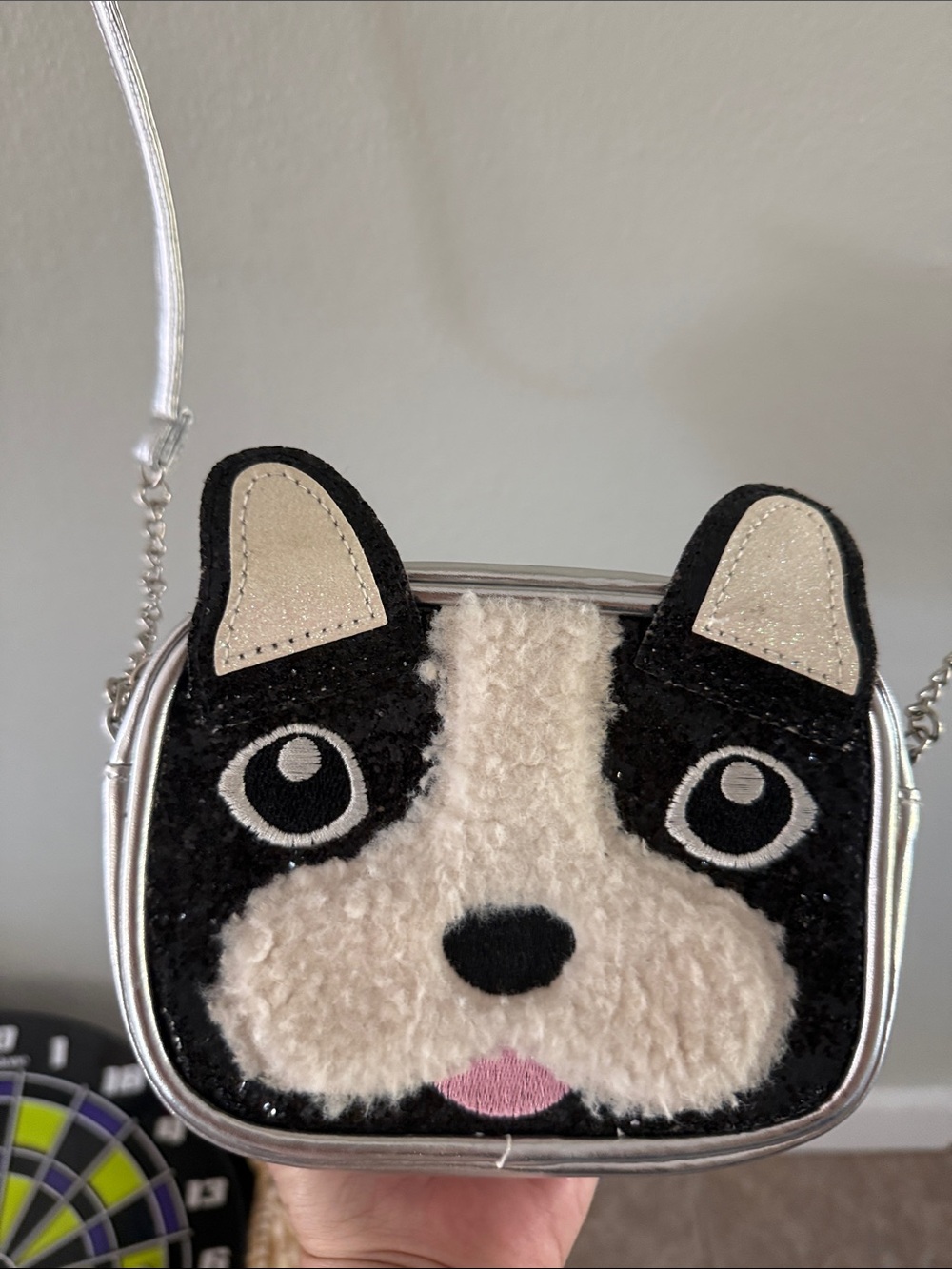 Young girls Black, Cream & Pink Plush Dog Face Crossbody Bag